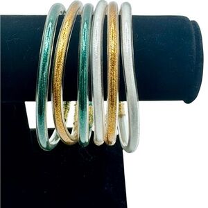 6 All Weather Buddhist Temple Plastic Bangles -Gold Green and White